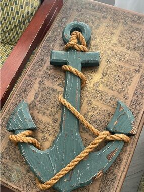 Wooden Anchor Wall Decor in Teal with Natural Rope